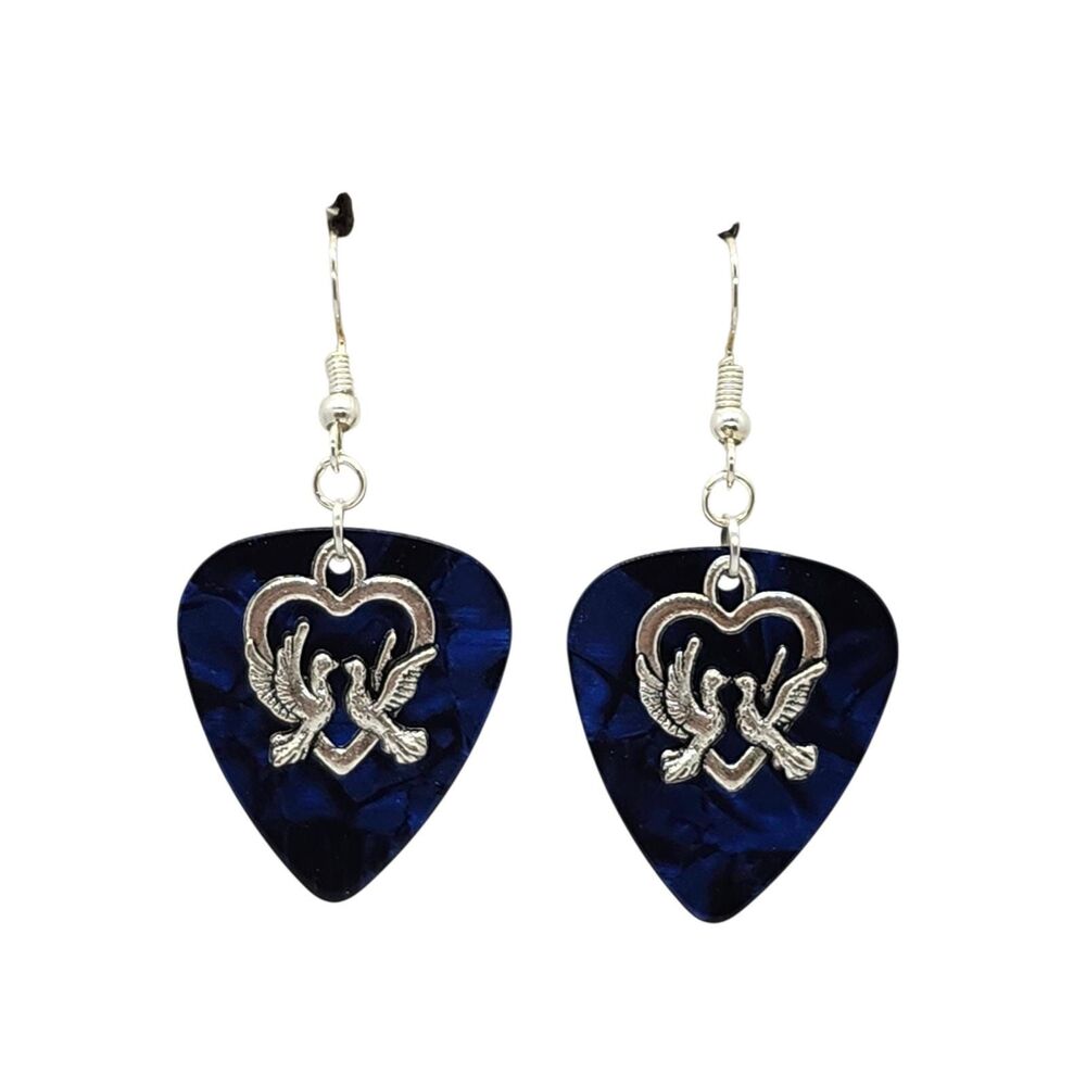Dove Doves in Heart Charm Guitar Pick Earrings - Choose Color - Handmade in USA